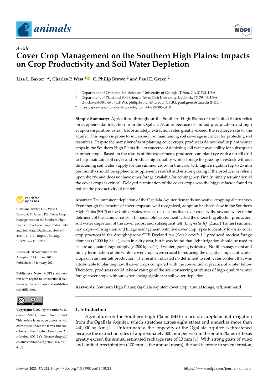 Cover Crop Management on the Southern High Plains: Impacts on Crop Productivity and Soil Water Depletion