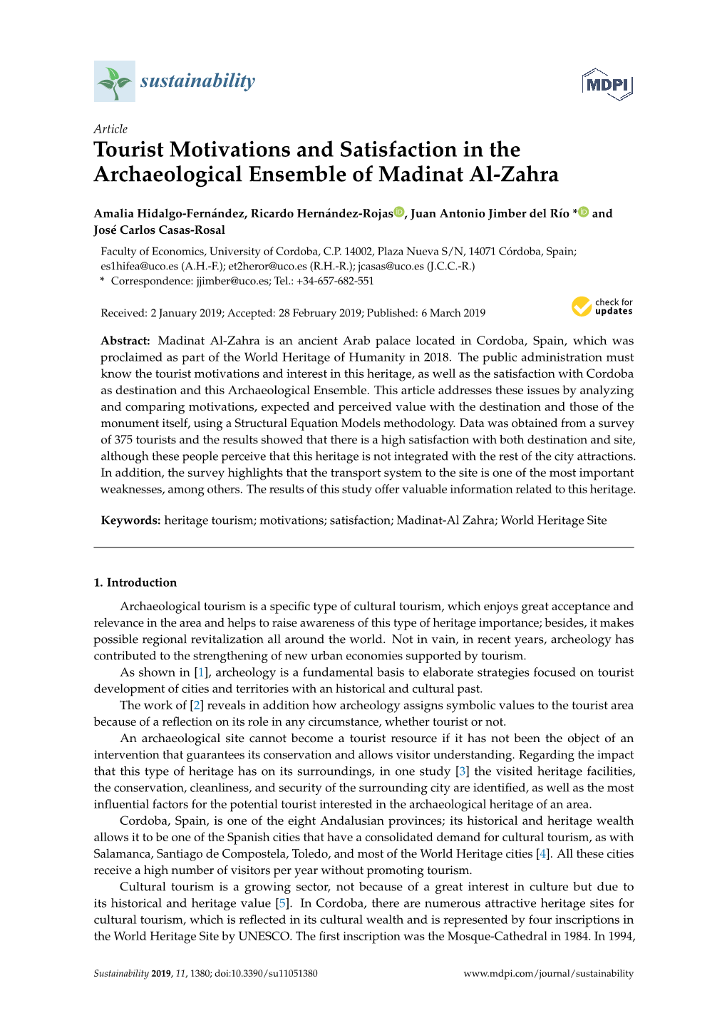 Tourist Motivations and Satisfaction in the Archaeological Ensemble of Madinat Al-Zahra
