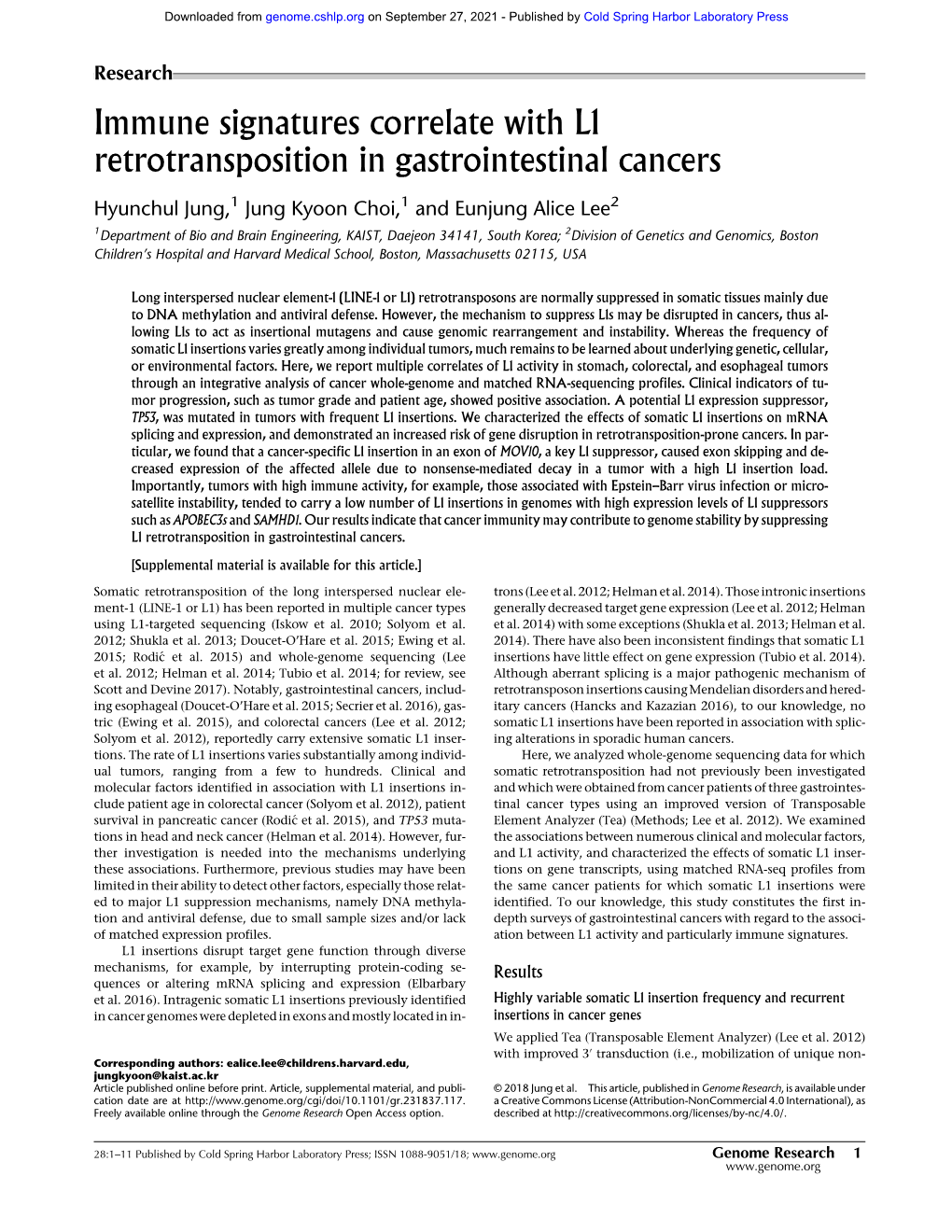 Immune Signatures Correlate with L1 Retrotransposition in Gastrointestinal Cancers