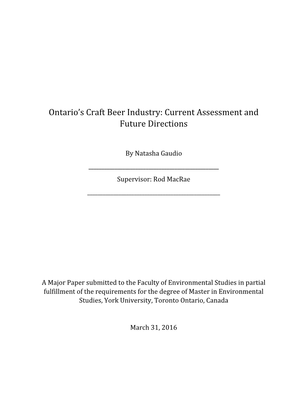 Ontario's Craft Beer Industry