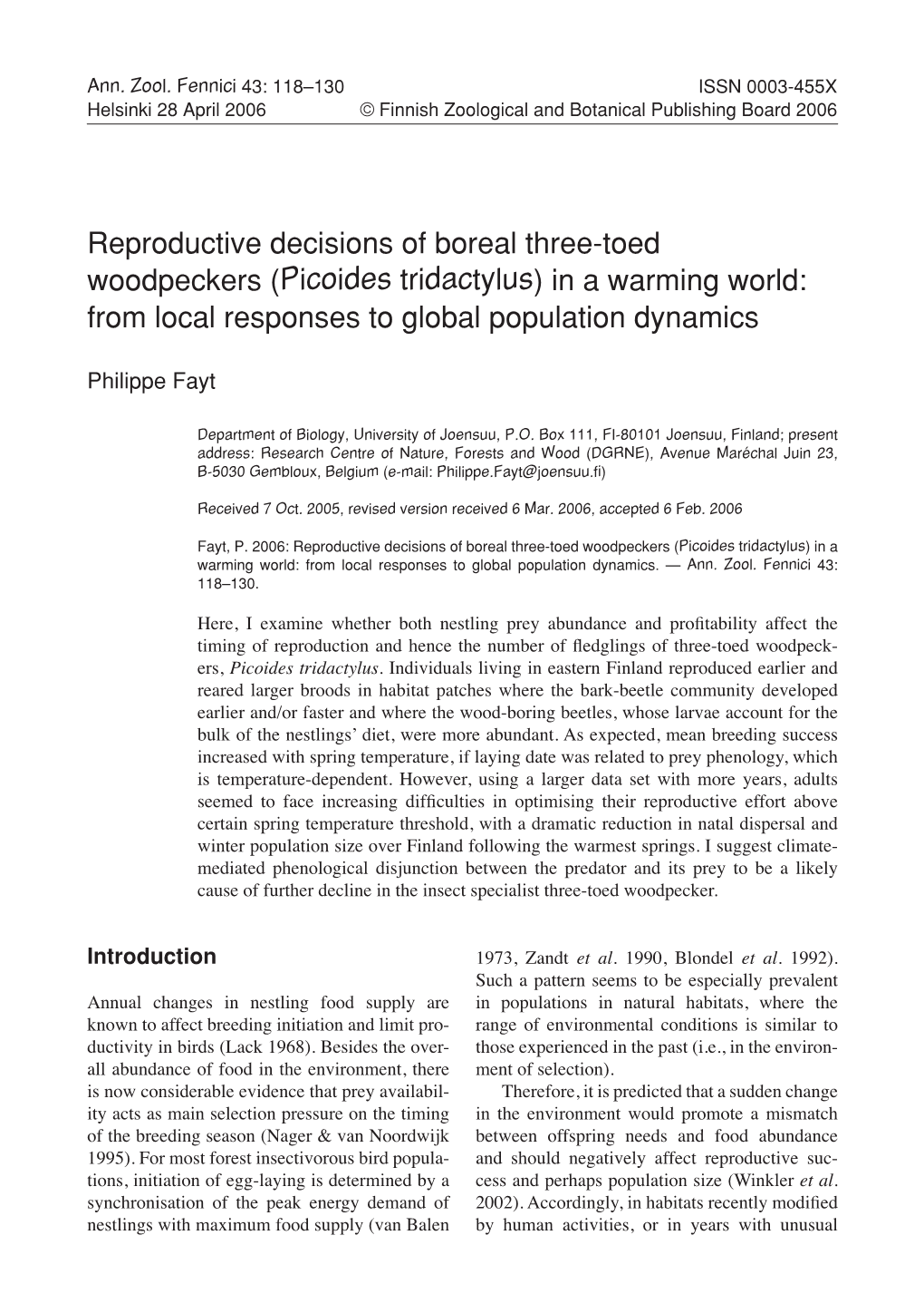 Reproductive Decisions of Boreal Three-Toed Woodpeckers (Picoides Tridactylus) in a Warming World: from Local Responses to Global Population Dynamics
