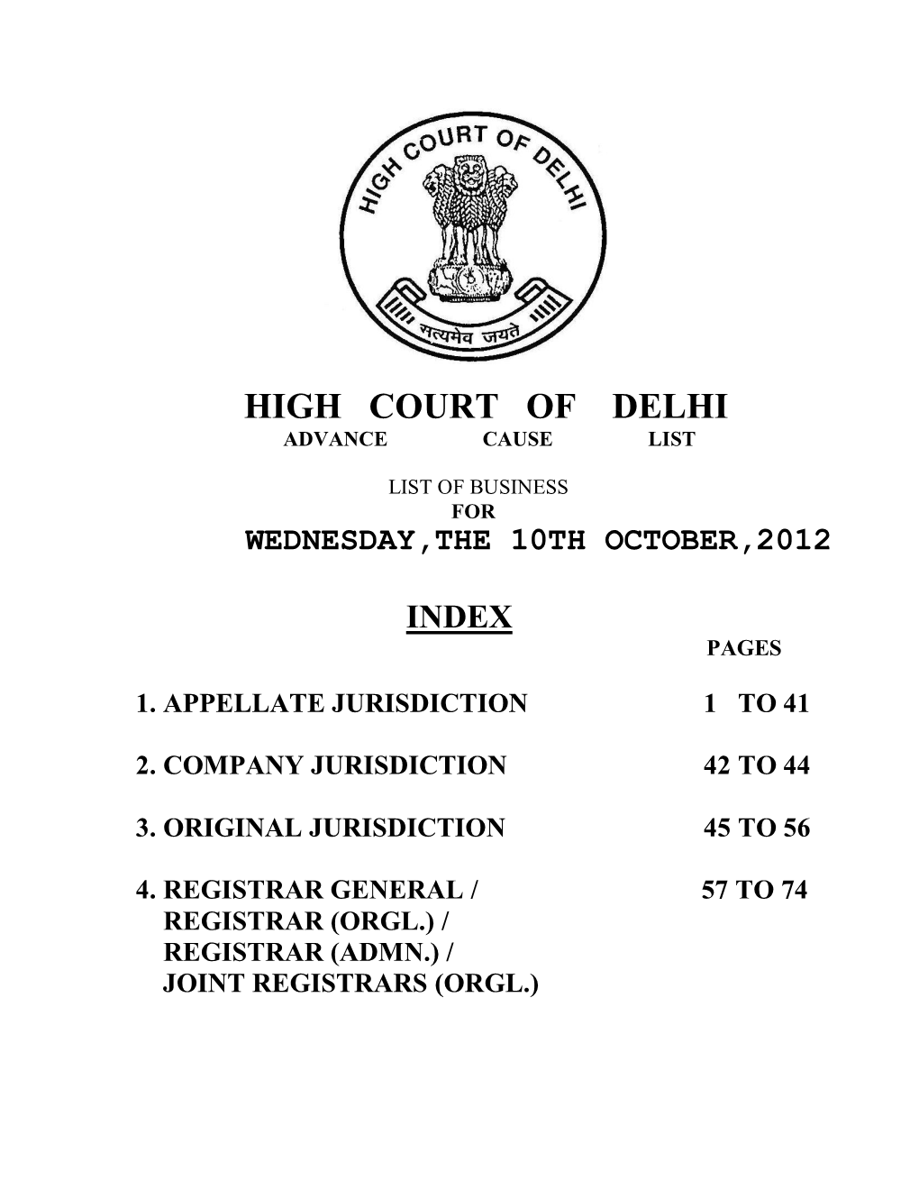 High Court of Delhi Advance Cause List