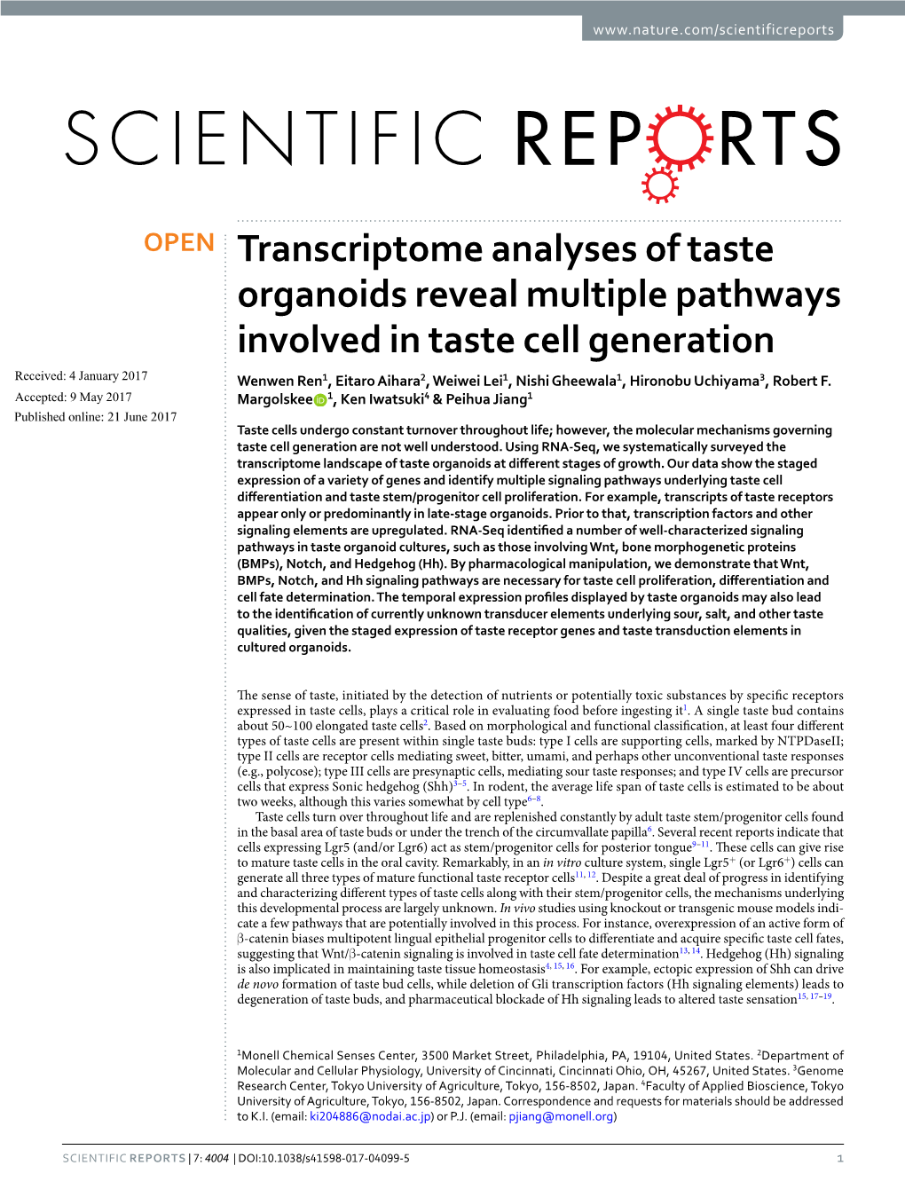 Transcriptome Analyses of Taste Organoids Reveal Multiple Pathways