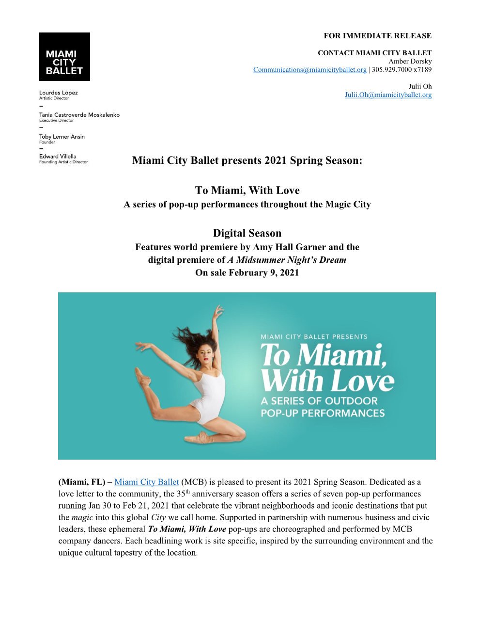 Miami City Ballet Presents 2021 Spring Season: to Miami, With