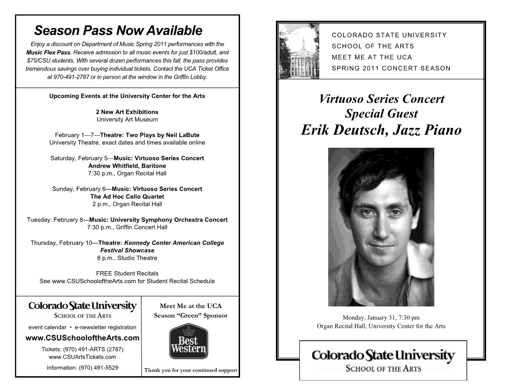 Erik Deutsch, Jazz Piano University Theatre, Exact Dates and Times Available Online