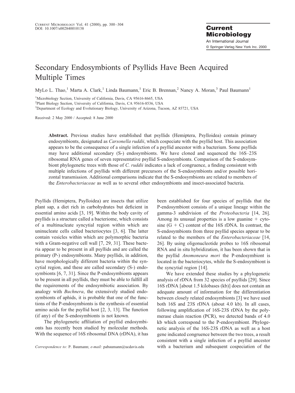 Secondary Endosymbionts of Psyllids Have Been Acquired Multiple Times