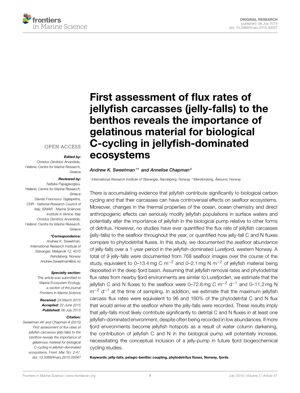 First Assessment of Flux Rates of Jellyfish Carcasses (Jelly-Falls)