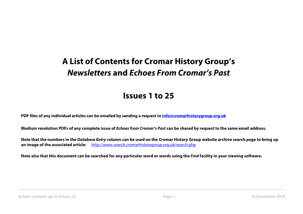 A List of Contents for Cromar History Group's Newsletters and Echoes