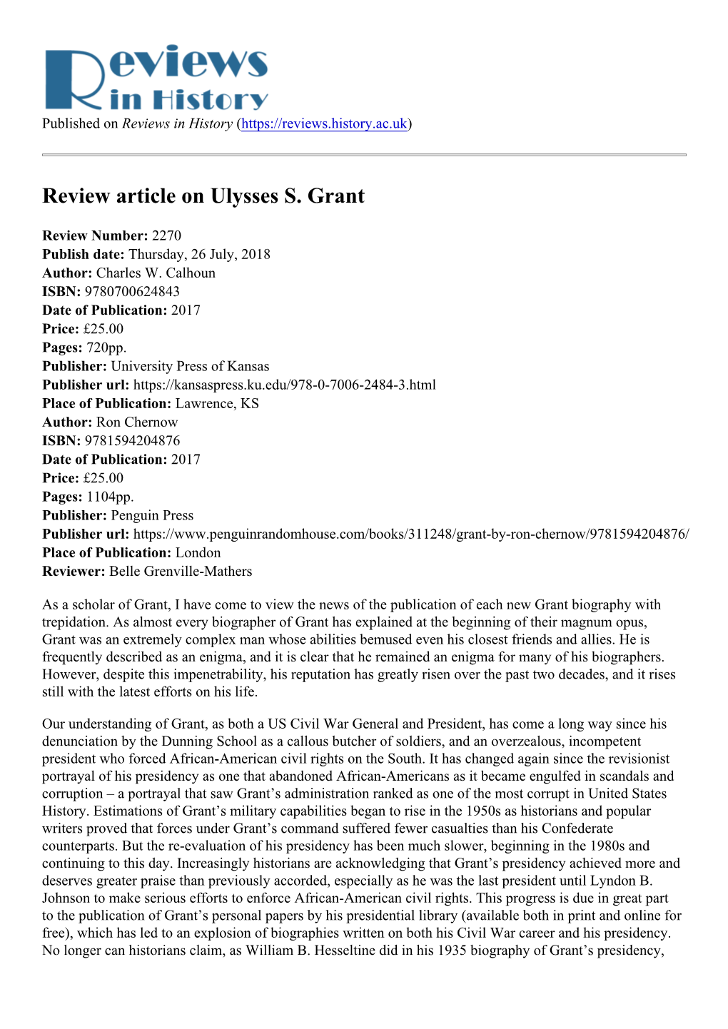 Review Article on Ulysses S. Grant