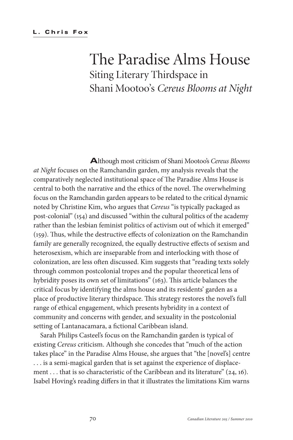 The Paradise Alms House Siting Literary Thirdspace in Shani Mootoo’S Cereus Blooms at Night