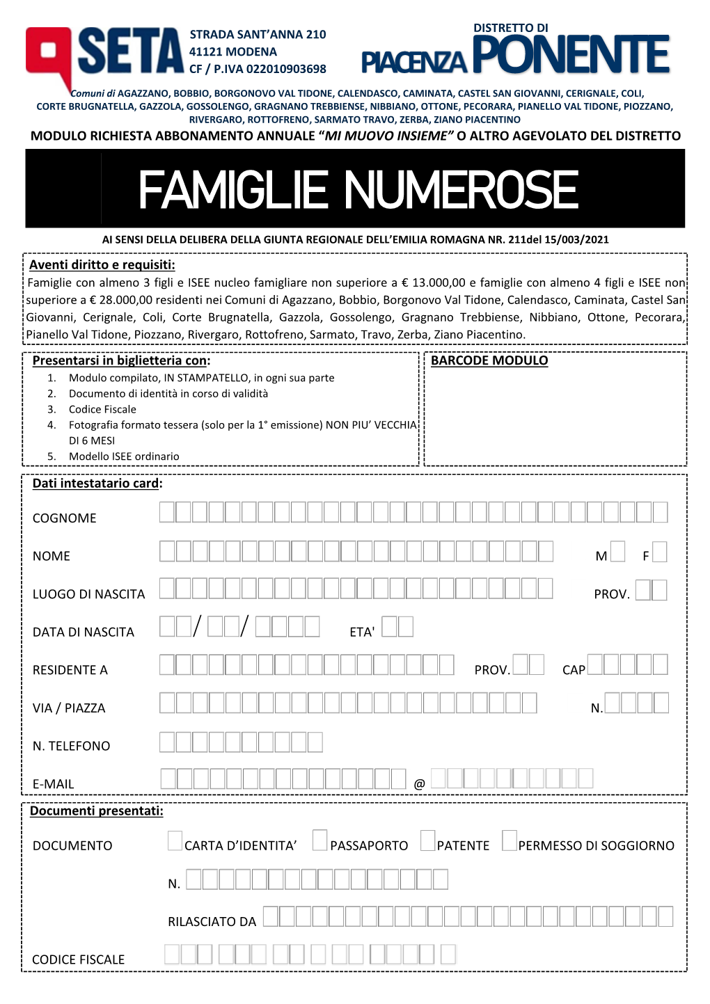 Modulo FAMIGLIE NUMEROSE 2021