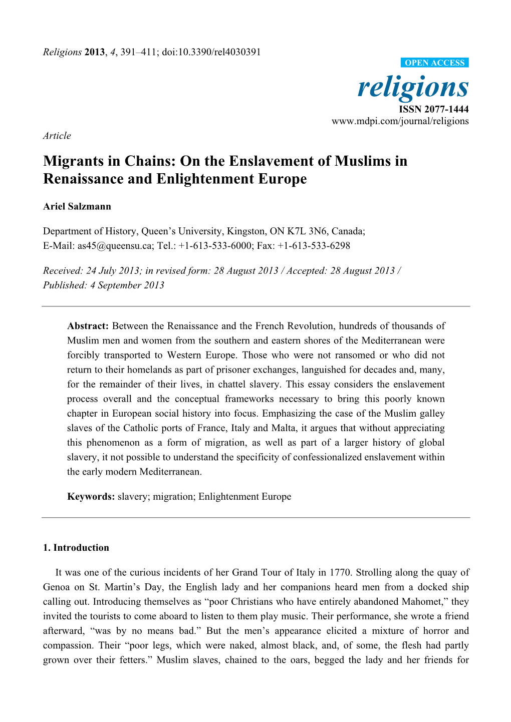 On the Enslavement of Muslims in Renaissance and Enlightenment Europe