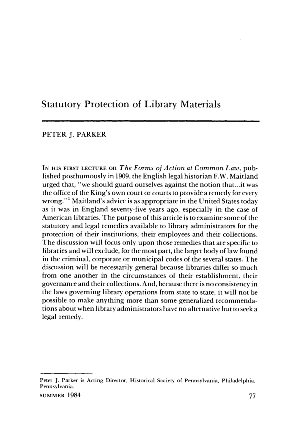 Statutory Protection of Library Materials