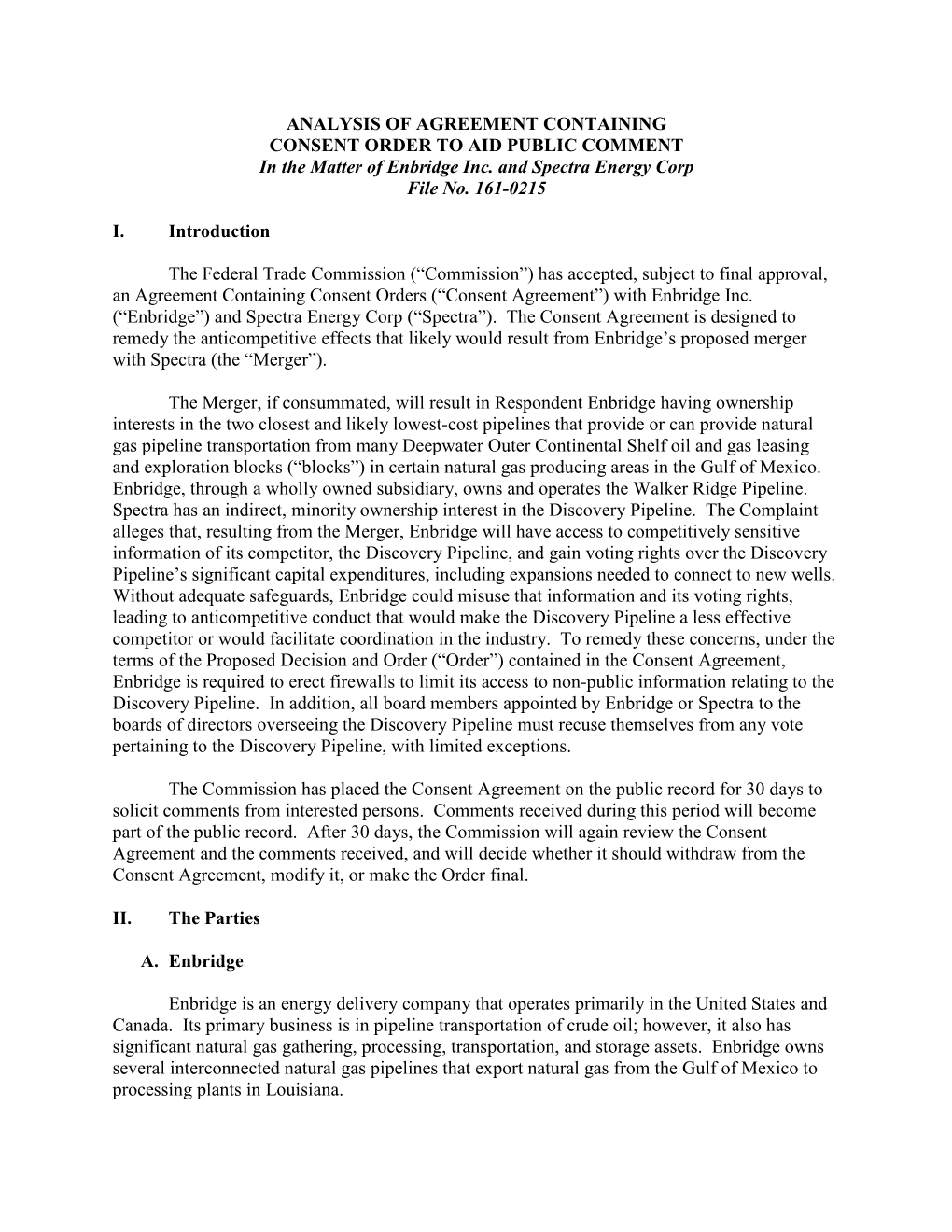 ANALYSIS of AGREEMENT CONTAINING CONSENT ORDER to AID PUBLIC COMMENT in the Matter of Enbridge Inc