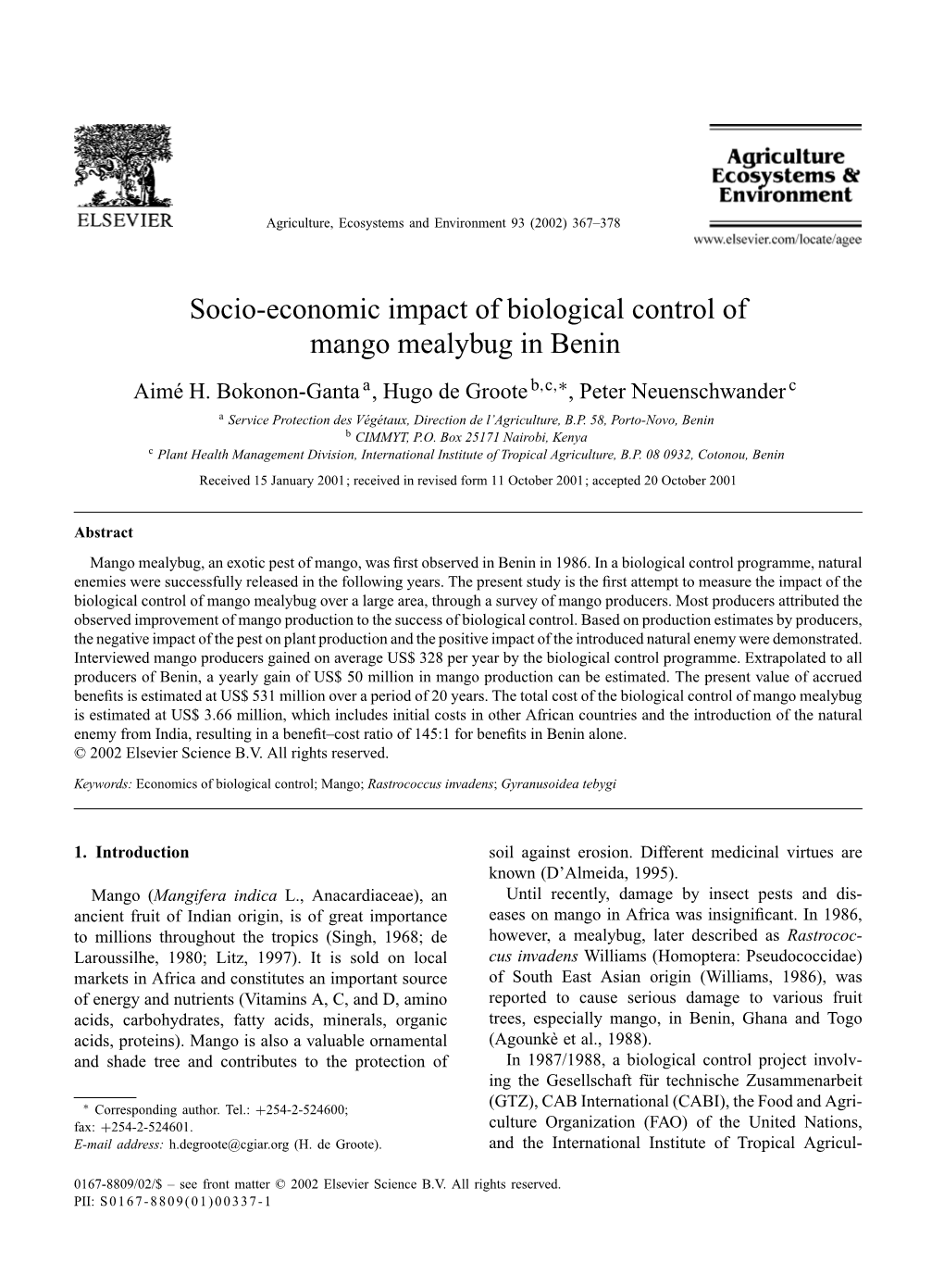 Socio-Economic Impact of Biological Control of Mango Mealybug in Benin Aimé H