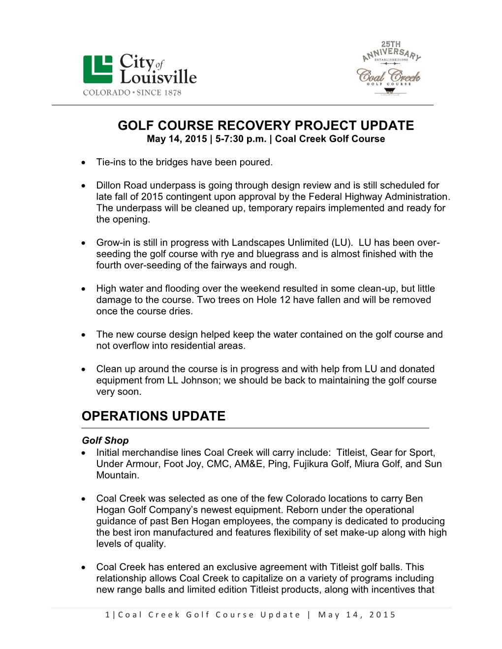 051415 Golf Course Recovery Project Update