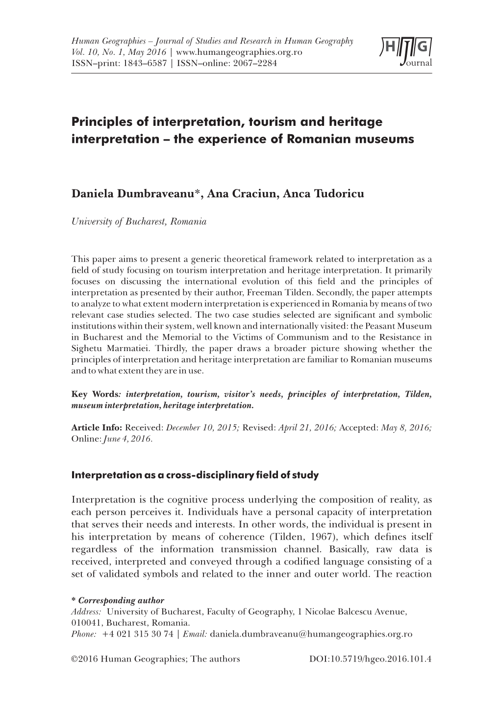 Principles of Interpretation, Tourism and Heritage Interpretation – the Experience of Romanian Museums