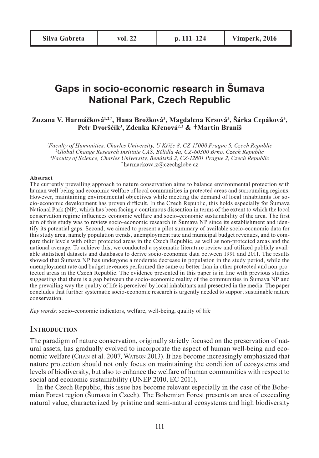 Gaps in Socio-Economic Research in Šumava National Park, Czech Republic