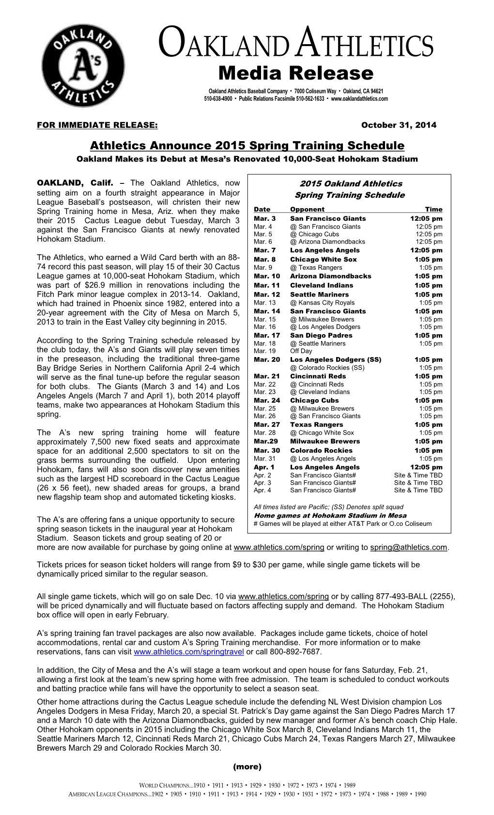 10-31-2014 Athletics Announce Spring Schedule