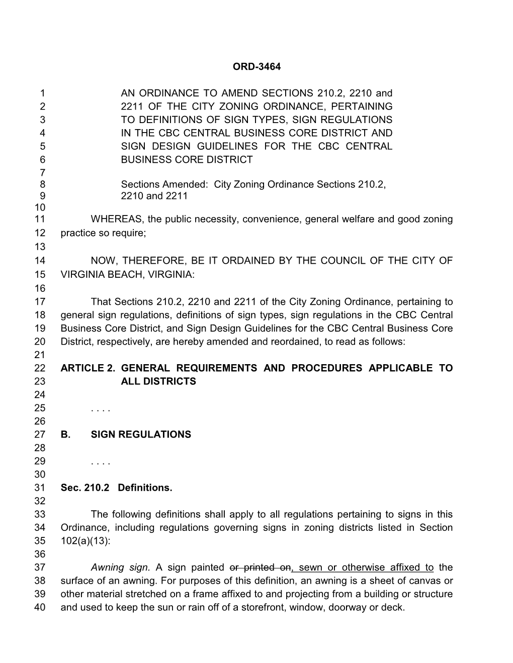 Ord-3464 an Ordinance to Amend Sections 210.2, 2210