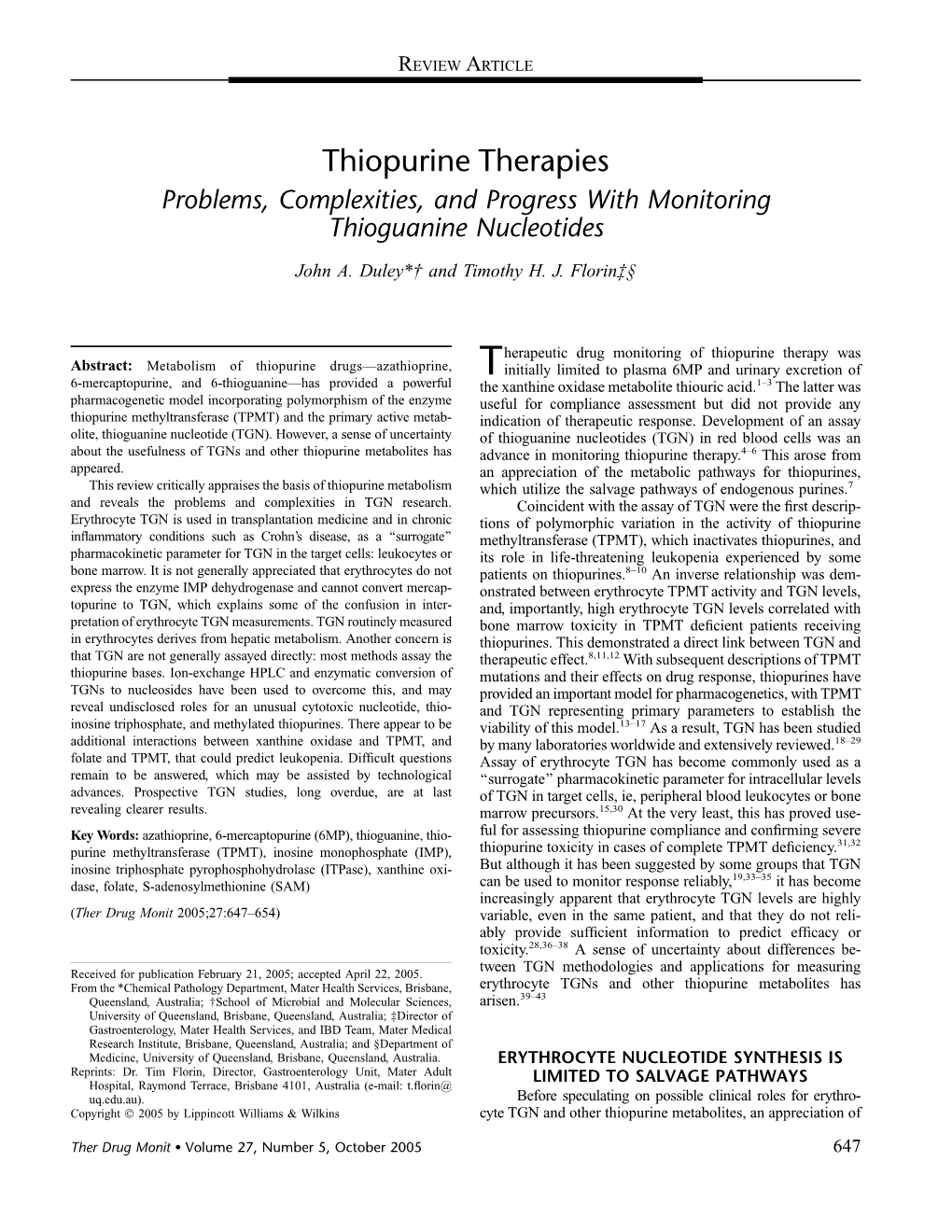 Thiopurine Therapies Problems, Complexities, and Progress with Monitoring Thioguanine Nucleotides