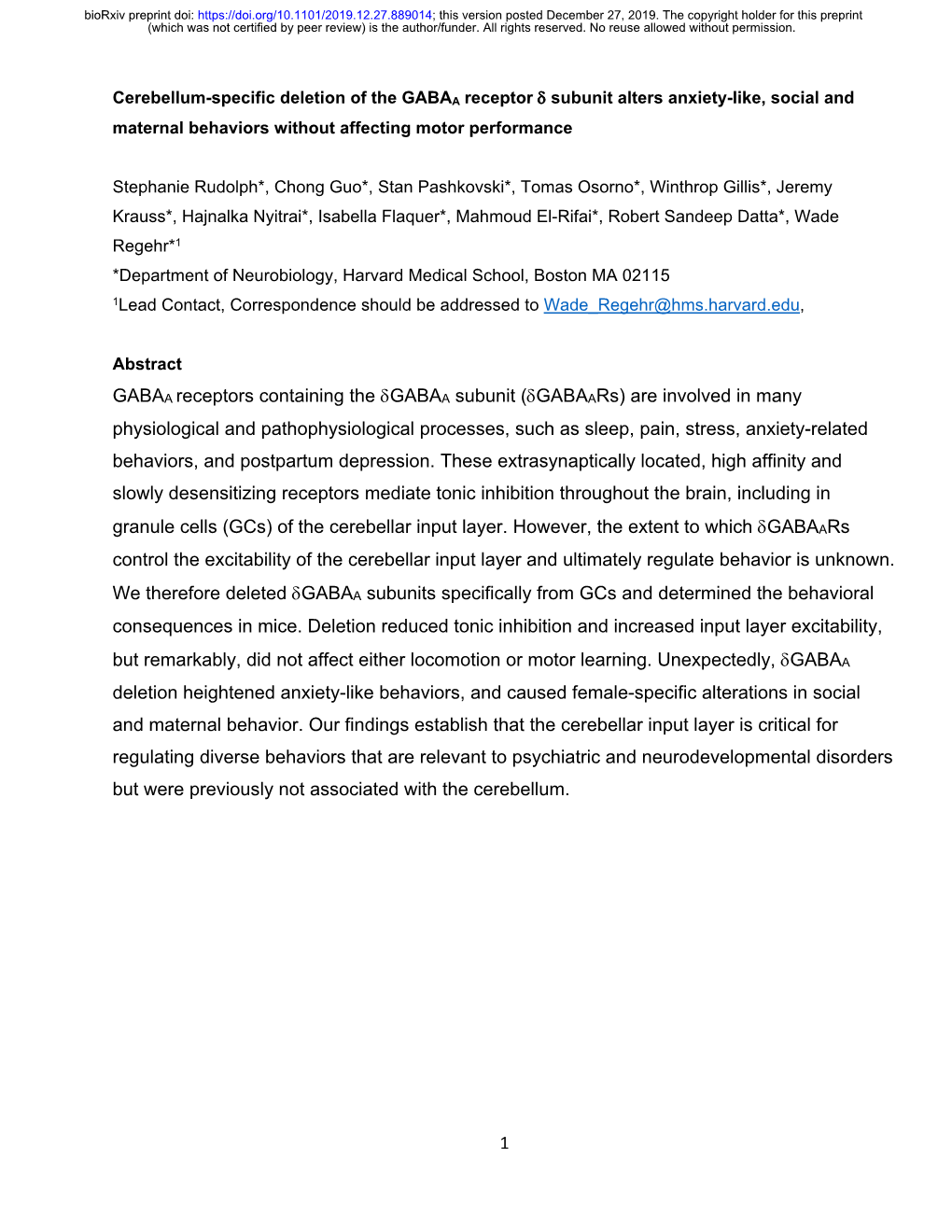 Cerebellum-Specific Deletion of the GABAA Receptor Δ Subunit Alters Anxiety-Like, Social and Maternal Behaviors Without Affecti