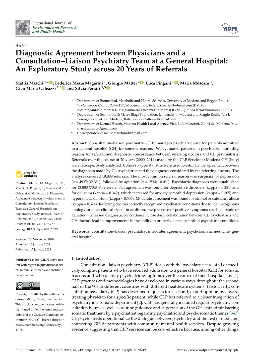 Diagnostic Agreement Between Physicians and a Consultation–Liaison Psychiatry Team at a General Hospital: an Exploratory Study Across 20 Years of Referrals