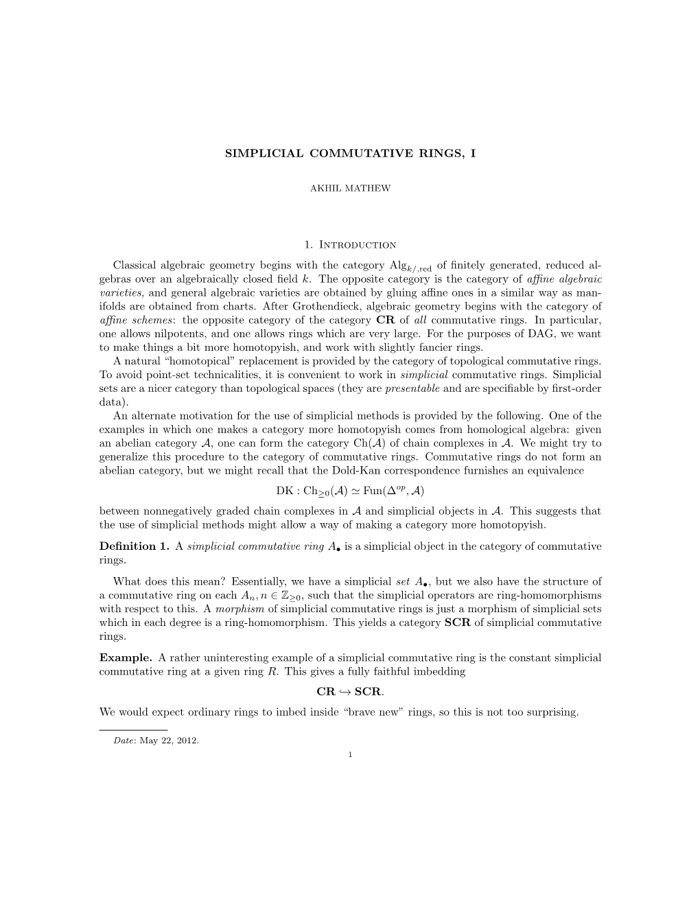 SIMPLICIAL COMMUTATIVE RINGS, I 1. Introduction Classical Algebraic