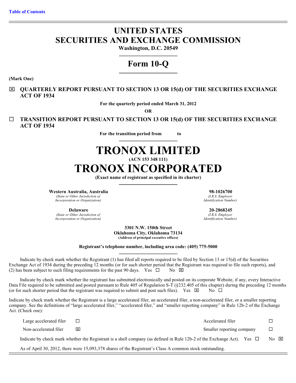 Tronox Limited Tronox Incorporated