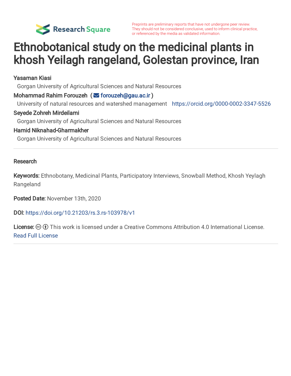 Ethnobotanical Study on the Medicinal Plants in Khosh Yeilagh Rangeland, Golestan Province, Iran