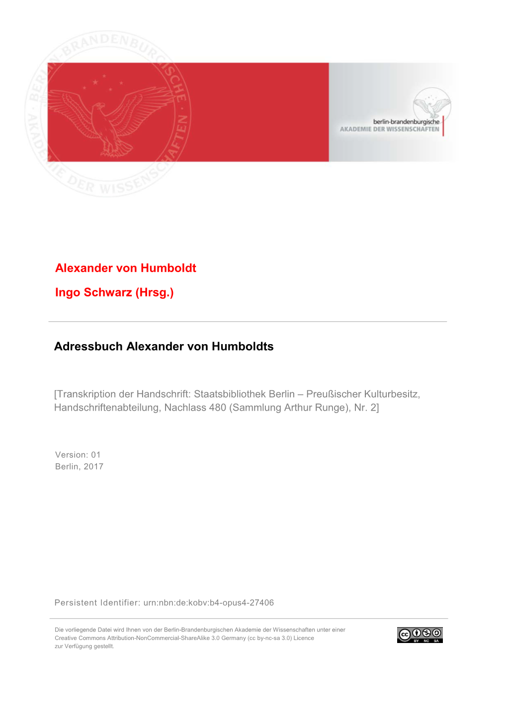 (Hrsg.) Adressbuch Alexander Von Humboldts