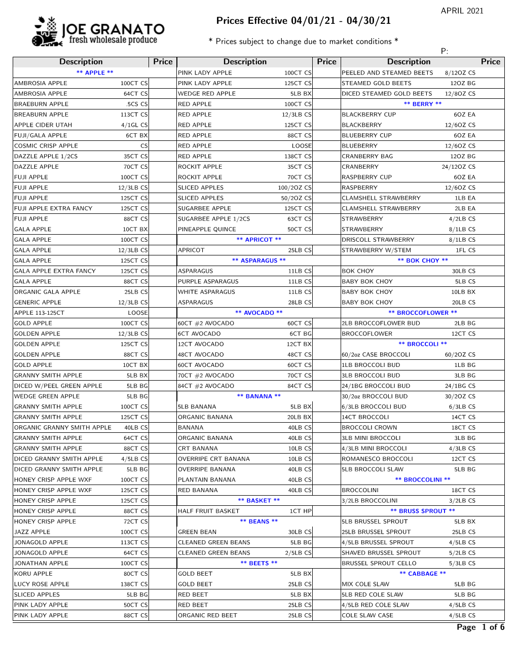 Prices Effective 04/01/21