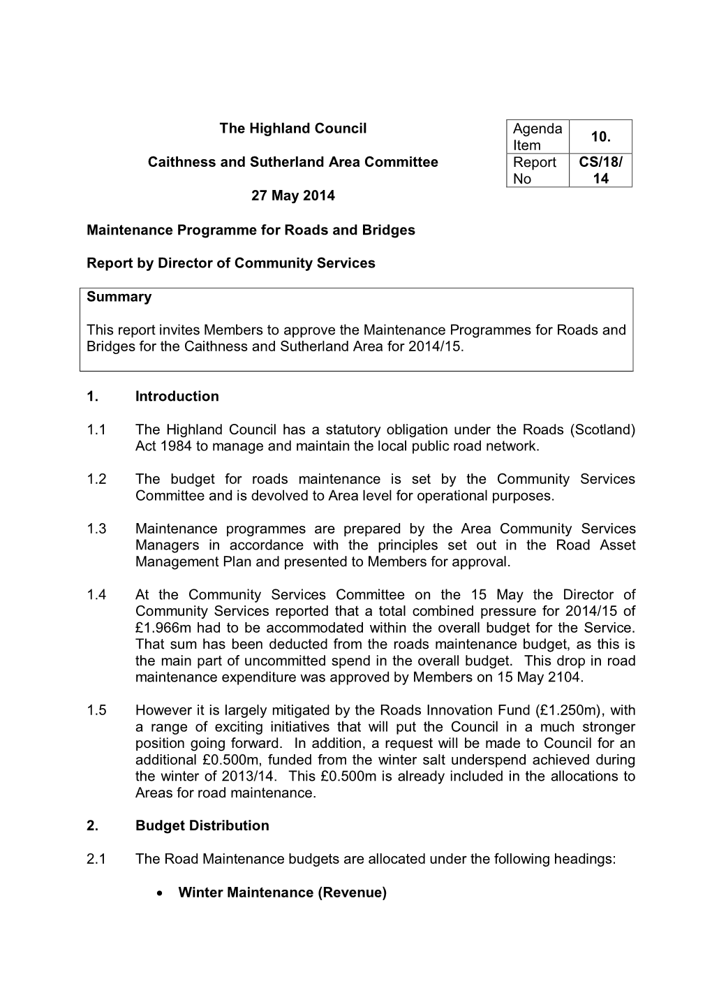 Manitenance Programme for Roads and Bridges