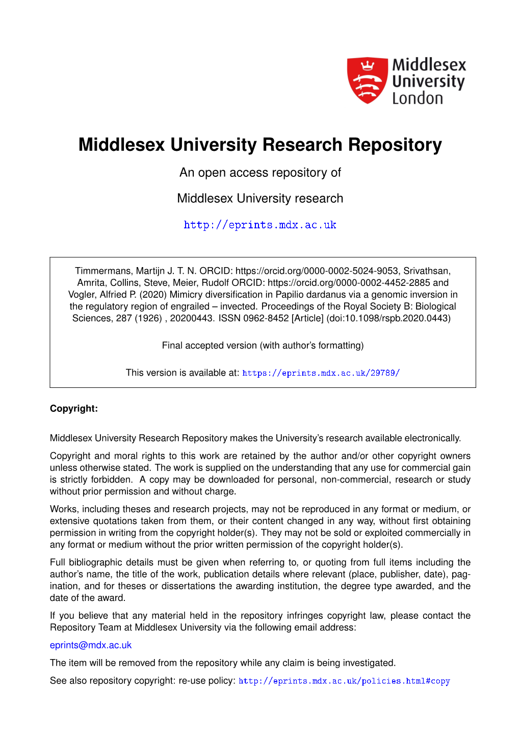 Mimicry Diversification in Papilio Dardanus Via a Genomic Inversion in the Regulatory 2 Region of Engrailed-Invected 3 4 5 Martijn J.T.N