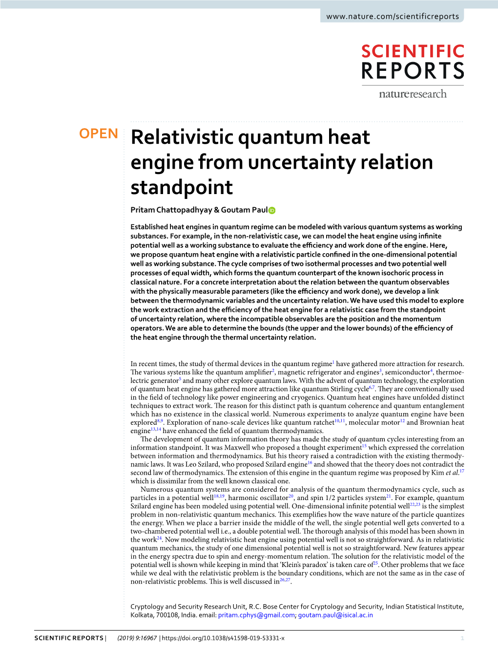 Relativistic Quantum Heat Engine from Uncertainty Relation Standpoint Pritam Chattopadhyay & Goutam Paul