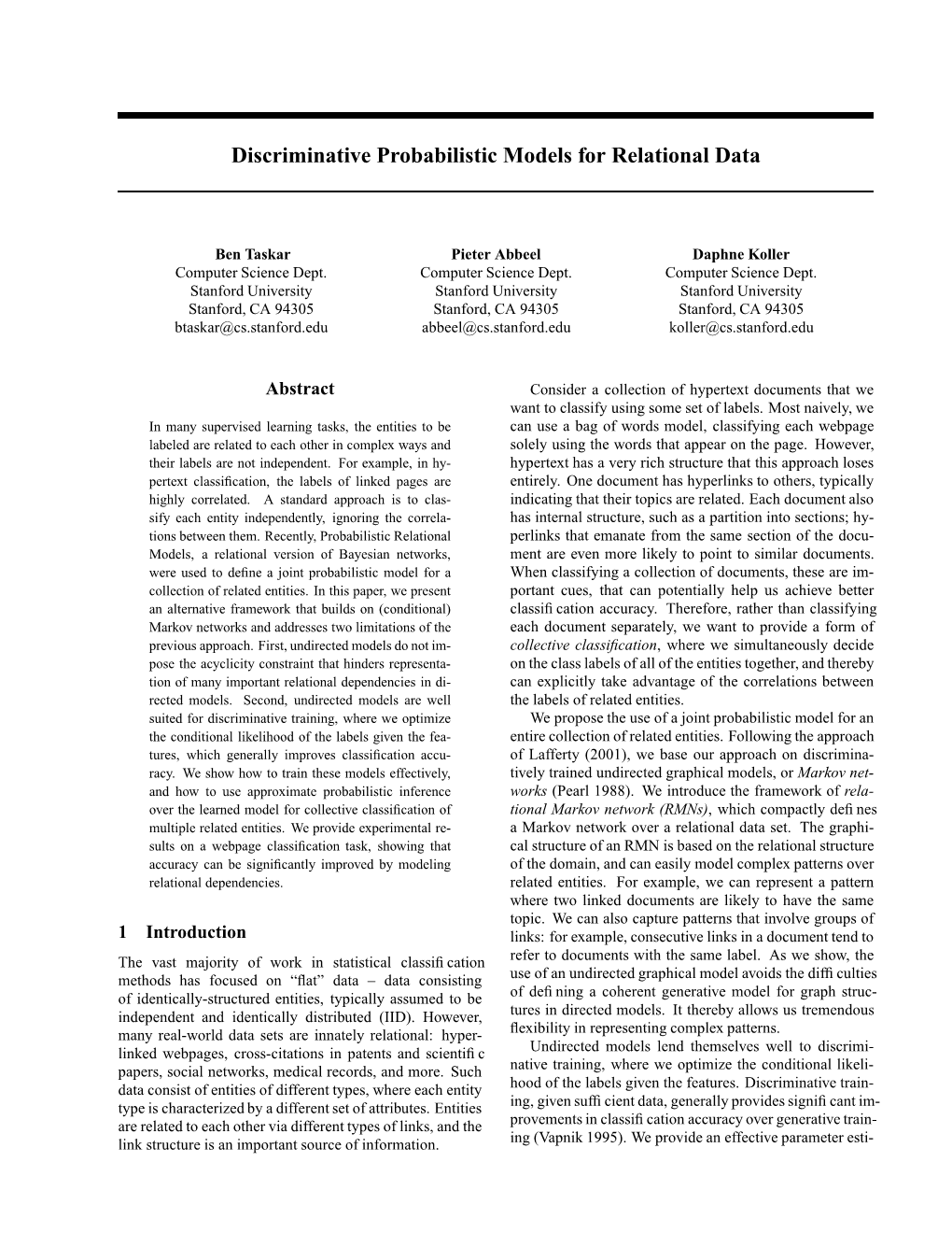 Discriminative Probabilistic Models for Relational Data