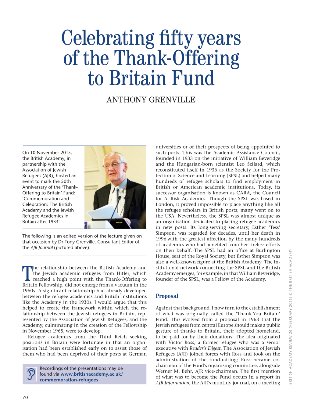 Celebrating Fifty Years of the Thank-Offering to Britain Fund ANTHONY GRENVILLE