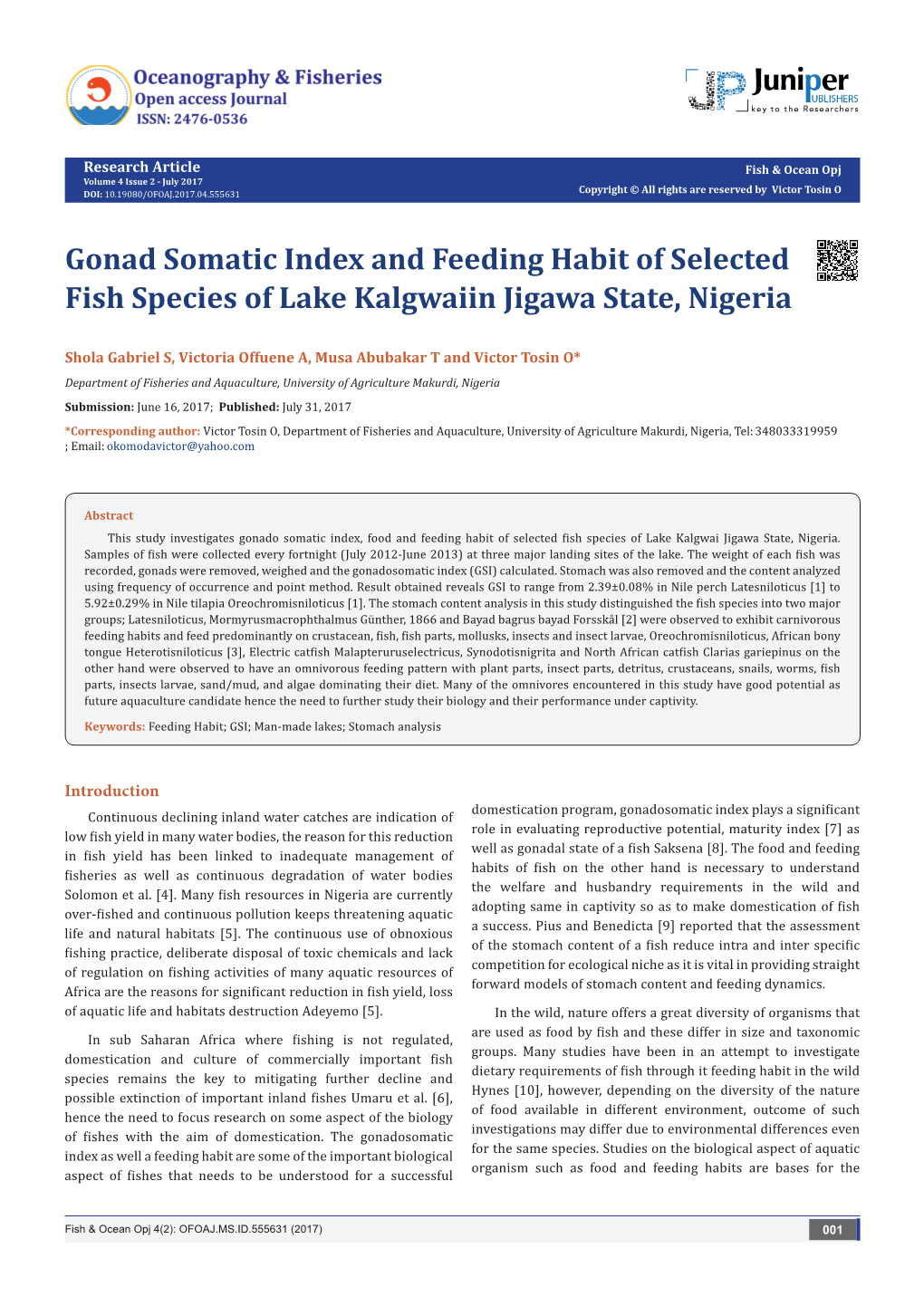 Gonad Somatic Index and Feeding Habit of Selected Fish Species of Lake Kalgwaiin Jigawa State, Nigeria