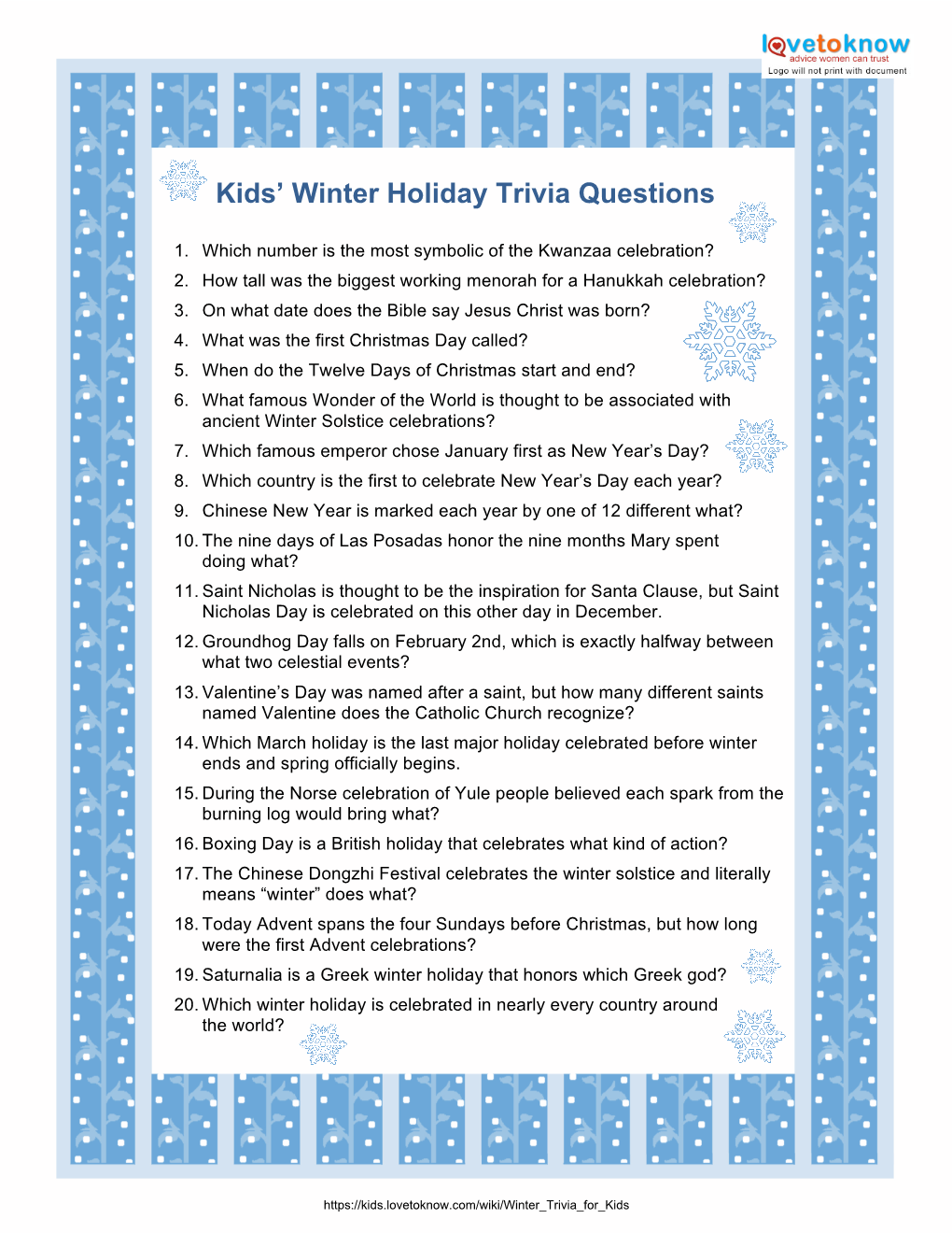 Kids Winter Holiday Trivia Questions