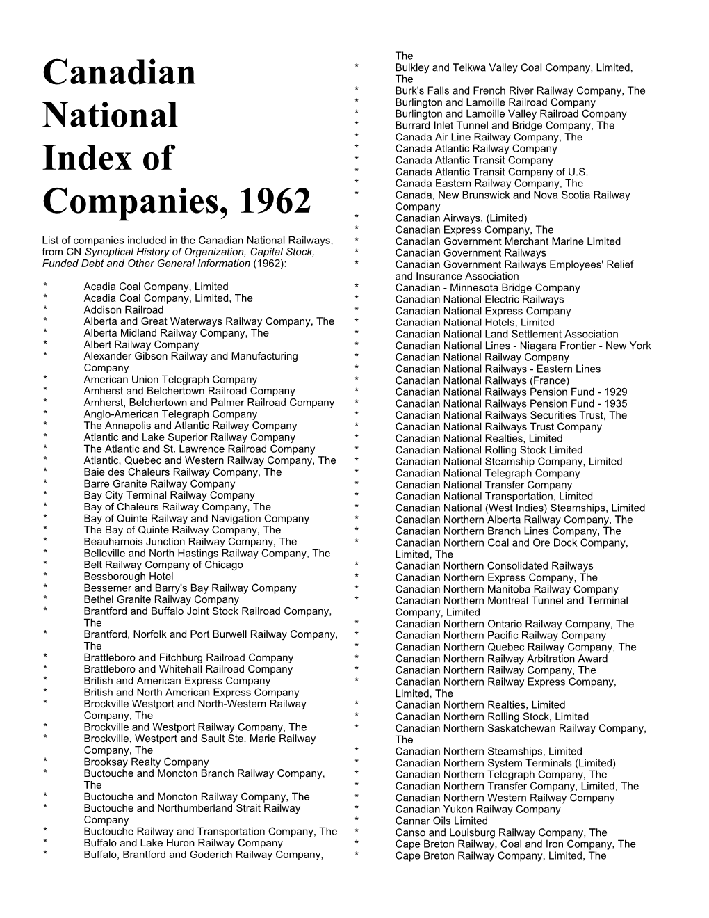 Canadian National Railway Index of Companies 1962