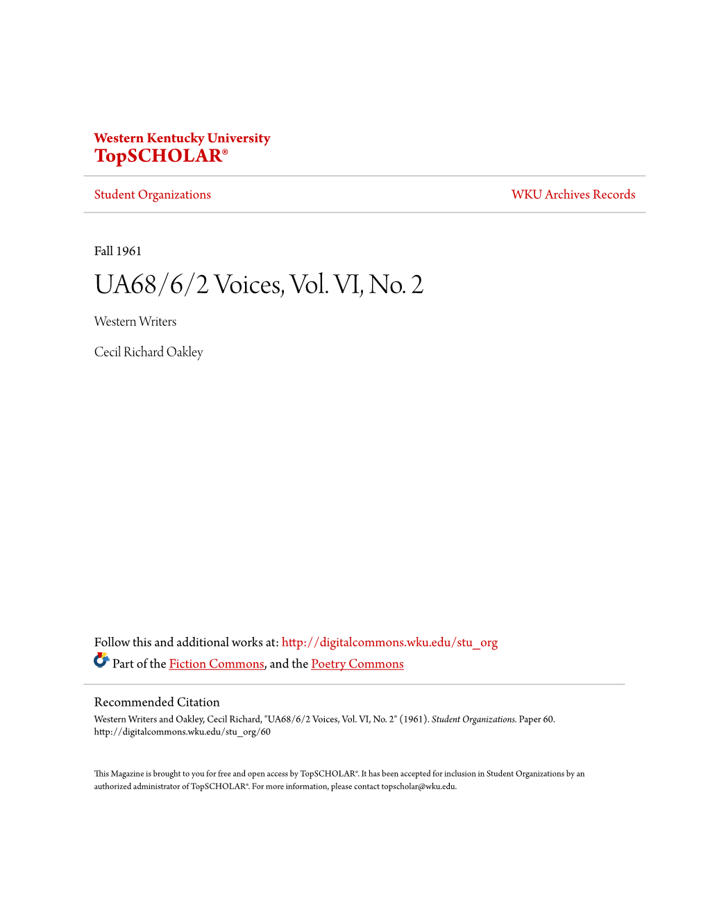 UA68/6/2 Voices, Vol. VI, No. 2 Western Writers