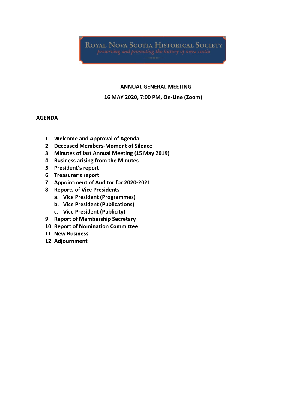 2020 RNSHS Annual General Meeting Agenda and Reports