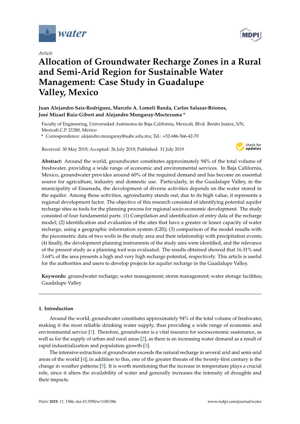 Allocation of Groundwater Recharge Zones in a Rural and Semi-Arid Region for Sustainable Water Management: Case Study in Guadalupe Valley, Mexico