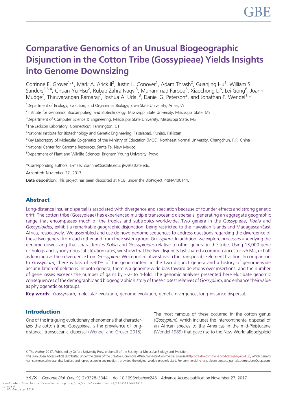 Comparative Genomics of an Unusual Biogeographic Disjunction in the Cotton Tribe (Gossypieae) Yields Insights Into Genome Downsizing