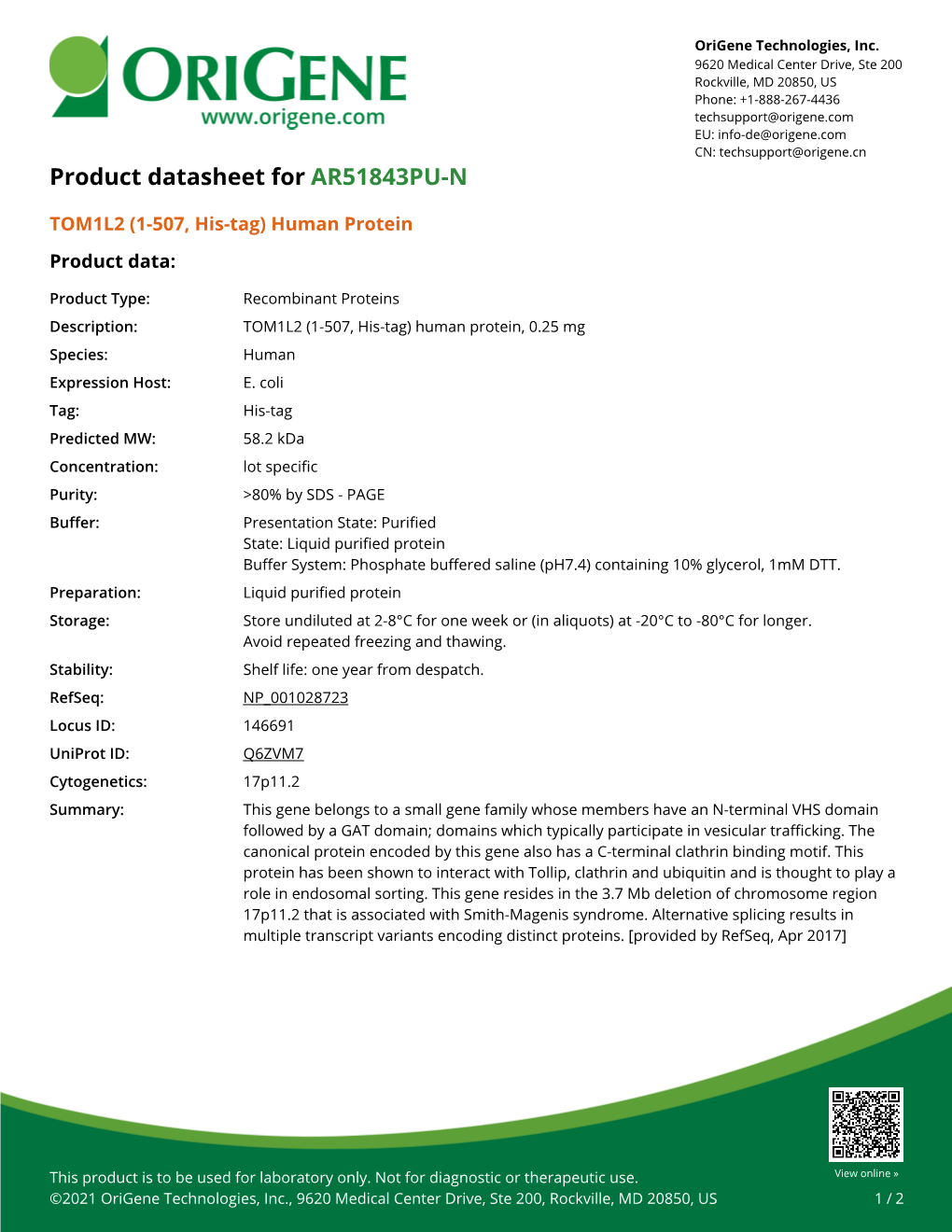 TOM1L2 (1-507, His-Tag) Human Protein – AR51843PU-N | Origene