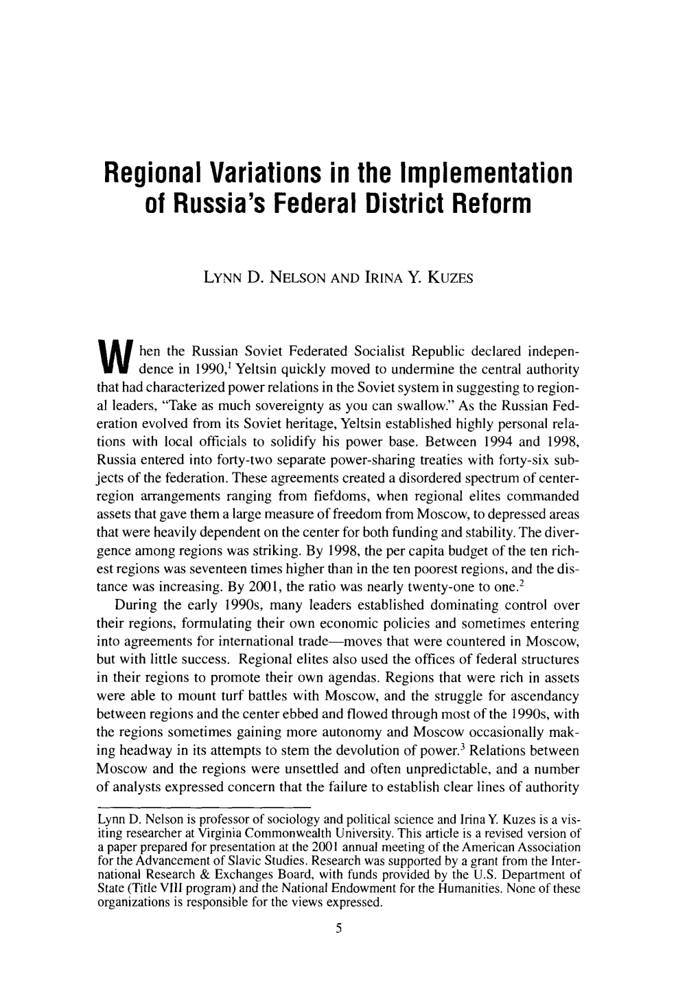 Regional Variations in the Implementation of Russia's Federal