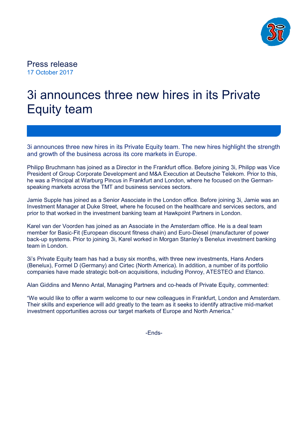 3I Announces Three New Hires in Its Private Equity Team