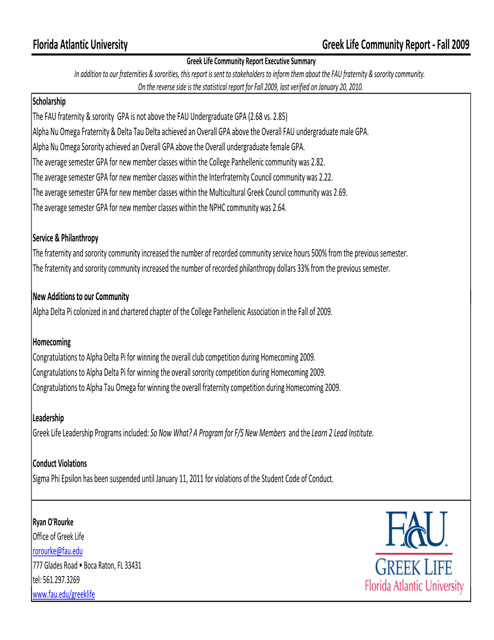 Florida Atlantic University Greek Life Community Report