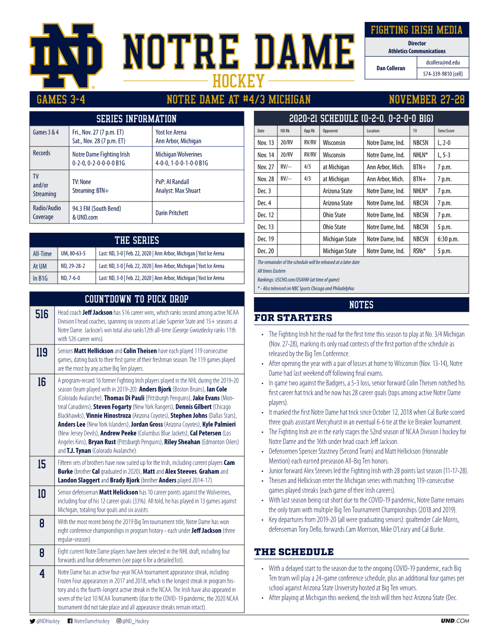 GAMES 3-4 NOTRE DAME at #4/3 MICHIGAN NOVEMBER 27-28 SERIES INFORMATION 2020-21 SCHEDULE (0-2-0, 0-2-0-0 B1G) Games 3 & 4 Fri., Nov