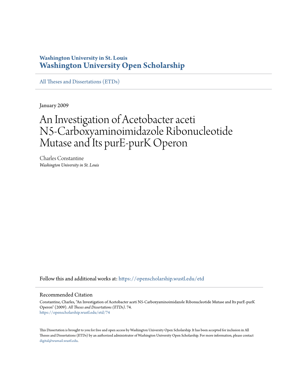 An Investigation of Acetobacter Aceti N5-Carboxyaminoimidazole Ribonucleotide Mutase and Its Pure-Purk Operon Charles Constantine Washington University in St